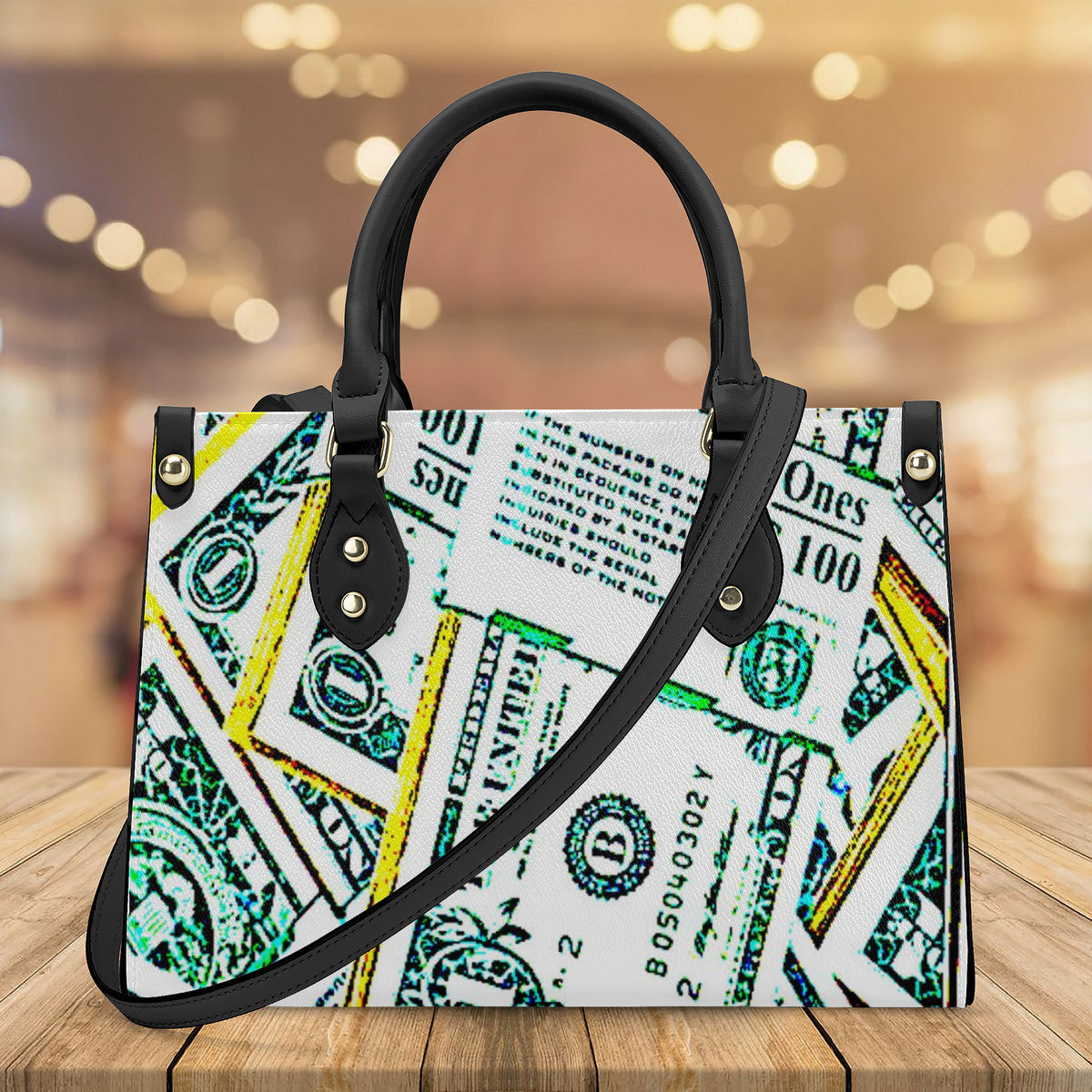 Money Print Luxury Women PU Tote Bag - Black