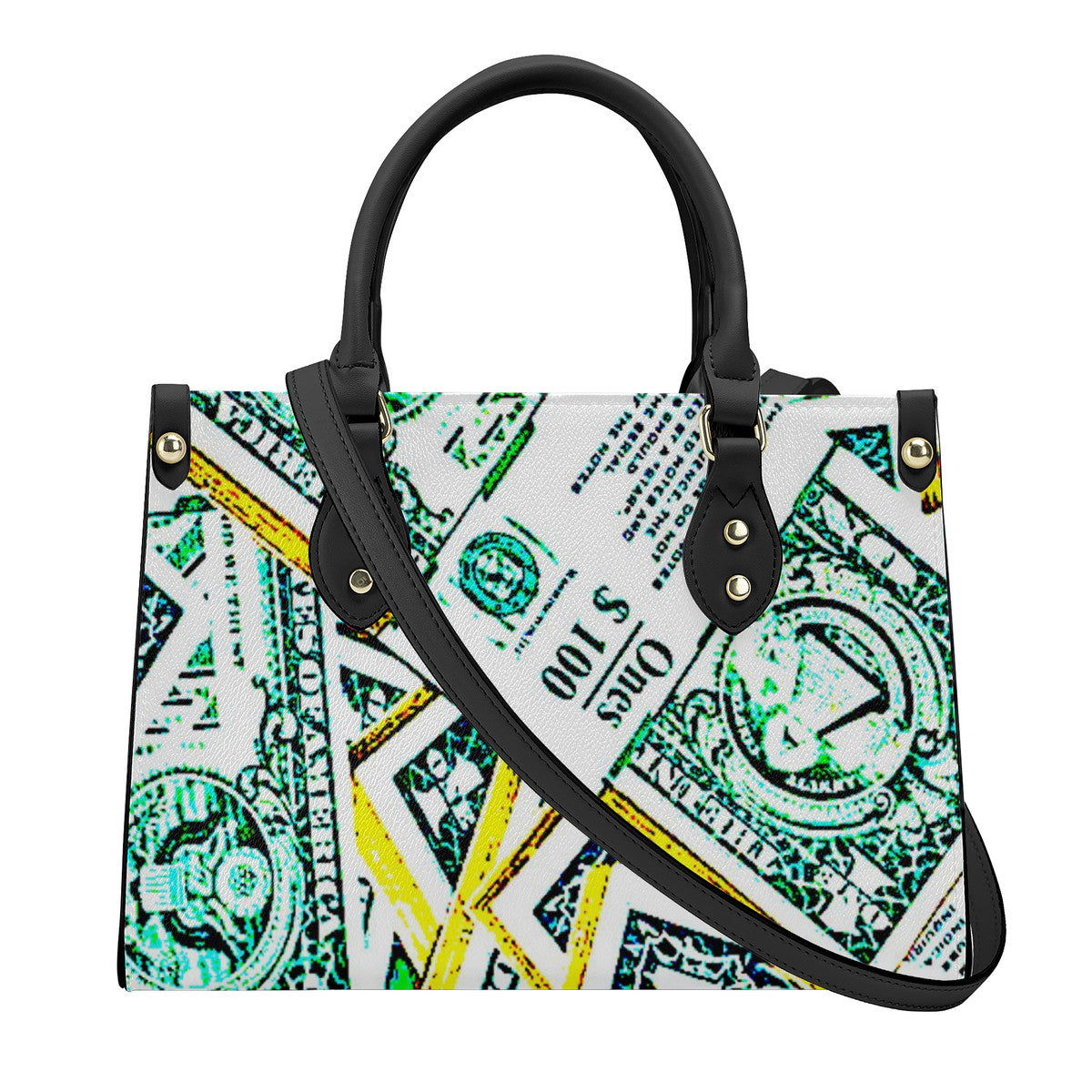 Money Print Luxury Women PU Tote Bag - Black