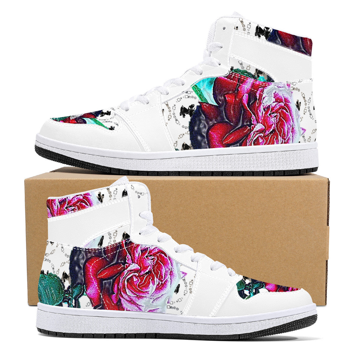 Branded Rose High-Top Synthetic Leather Sneakers - White