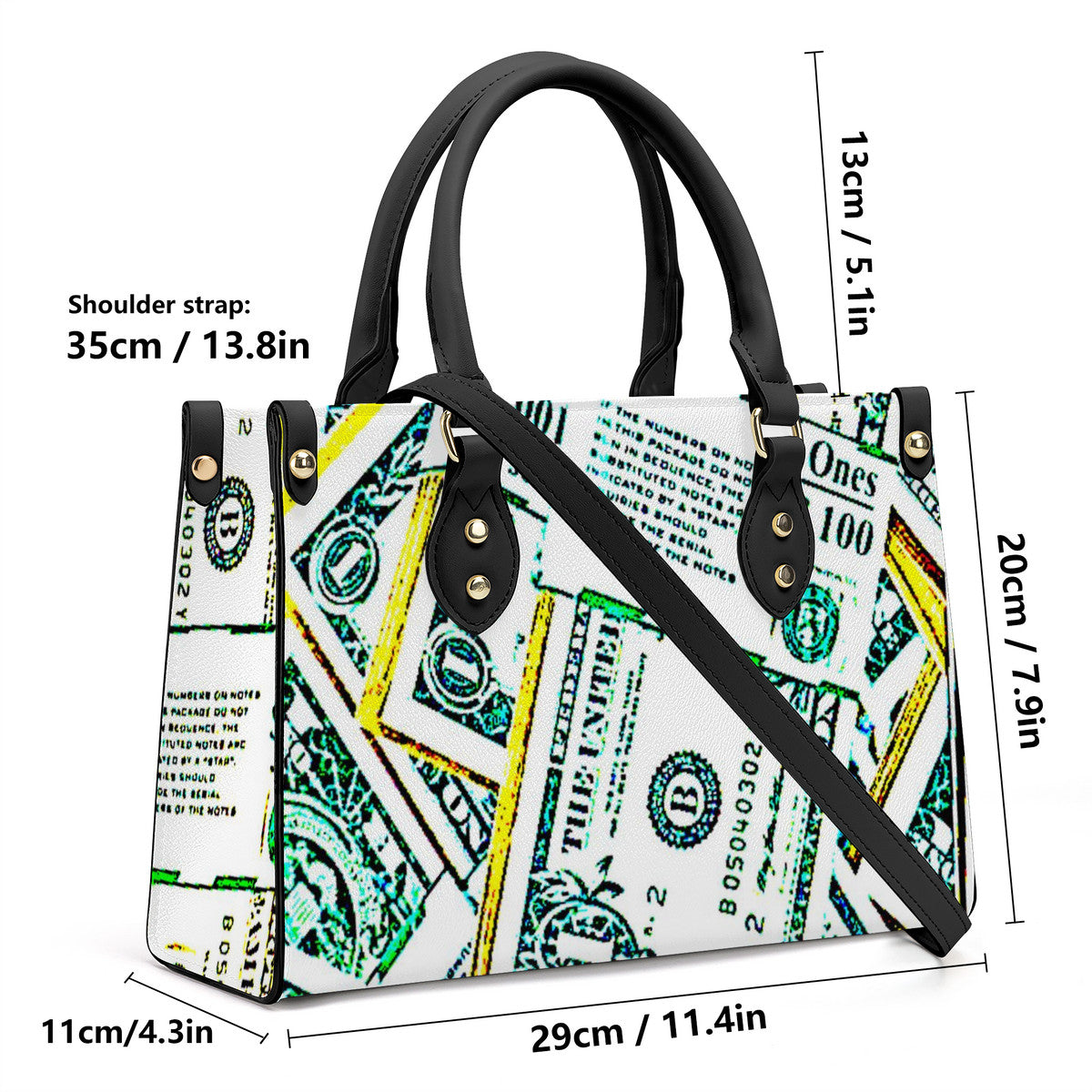 Money Print Luxury Women PU Tote Bag - Black