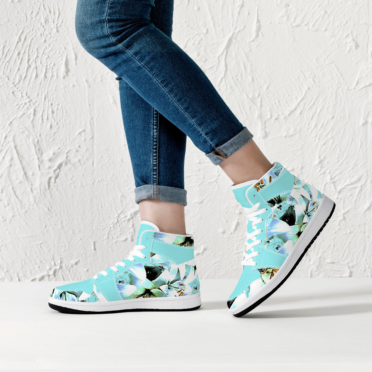 Blue Lily High-Top Synthetic Leather Sneakers - White