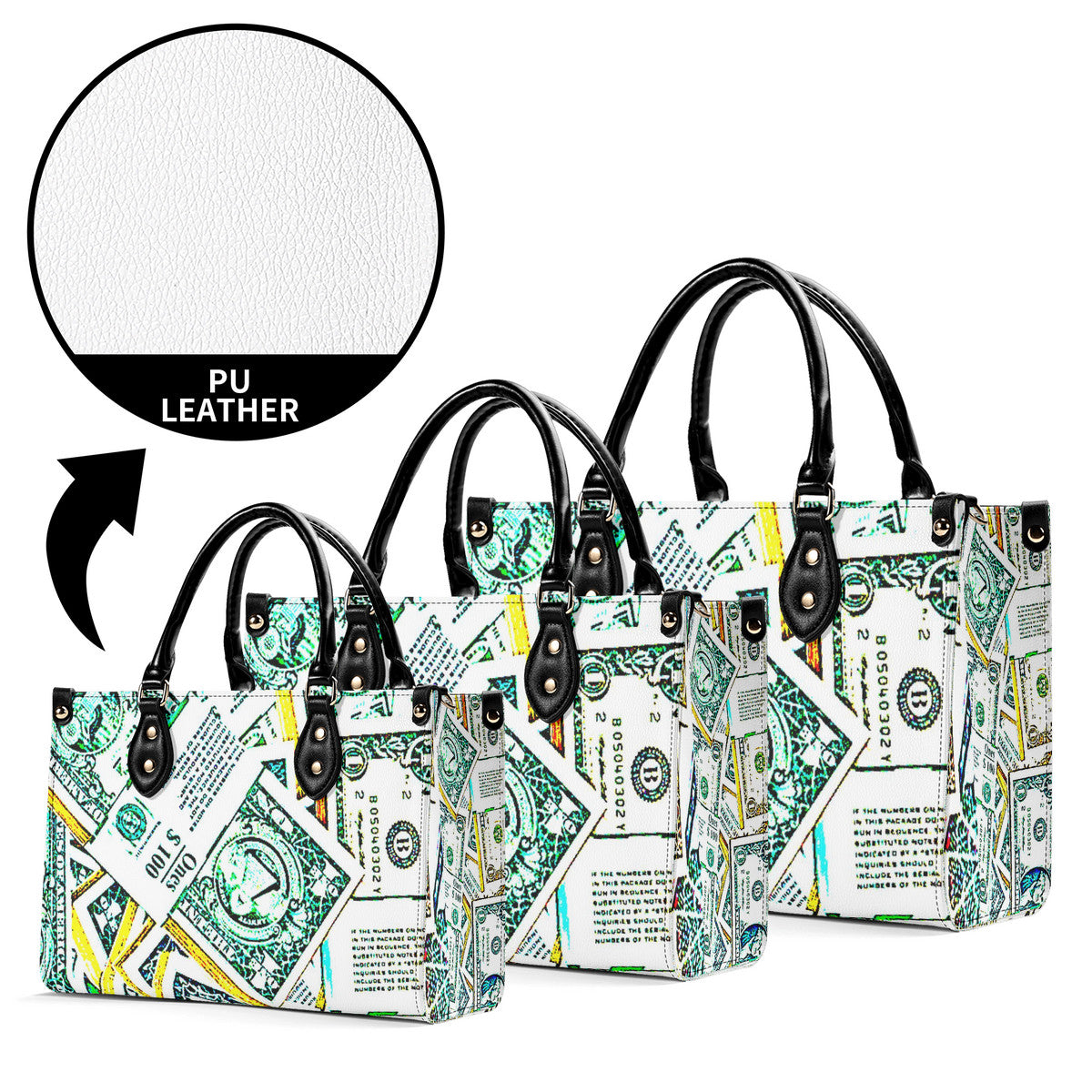 Money Print (Multiple Sizes) Luxury Women PU Leather Handbag