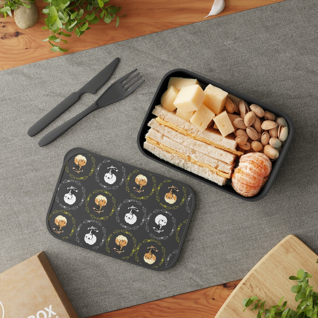 Logo Patterned Bento Box with Band and Utensils