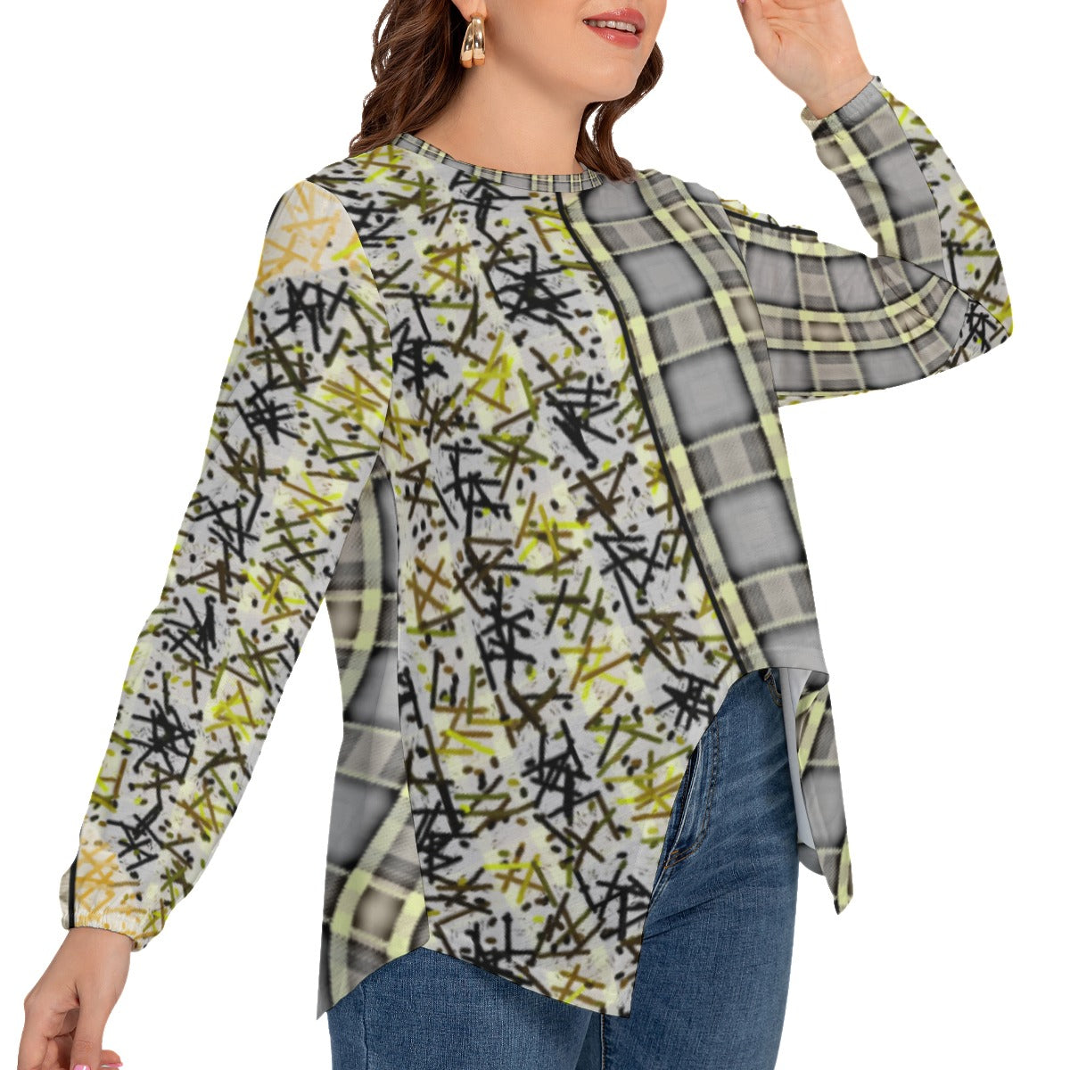 Patchwork Plus Size T-shirt With Asymmetrical Hem