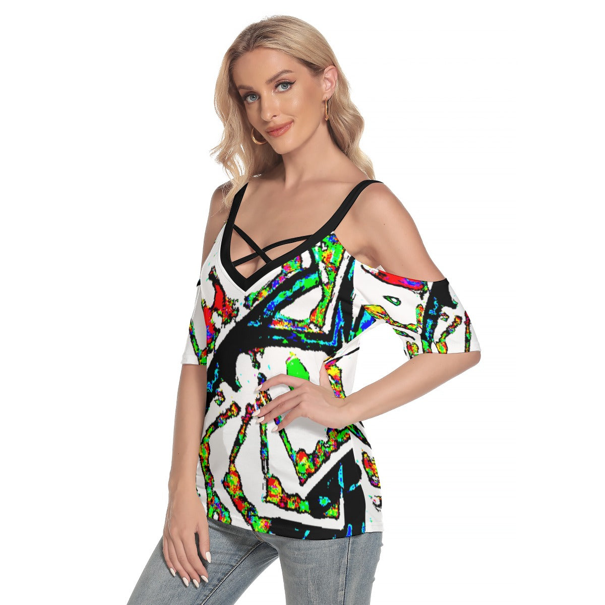 Painted Money Cold Shoulder T-shirt With Criss Cross Strips