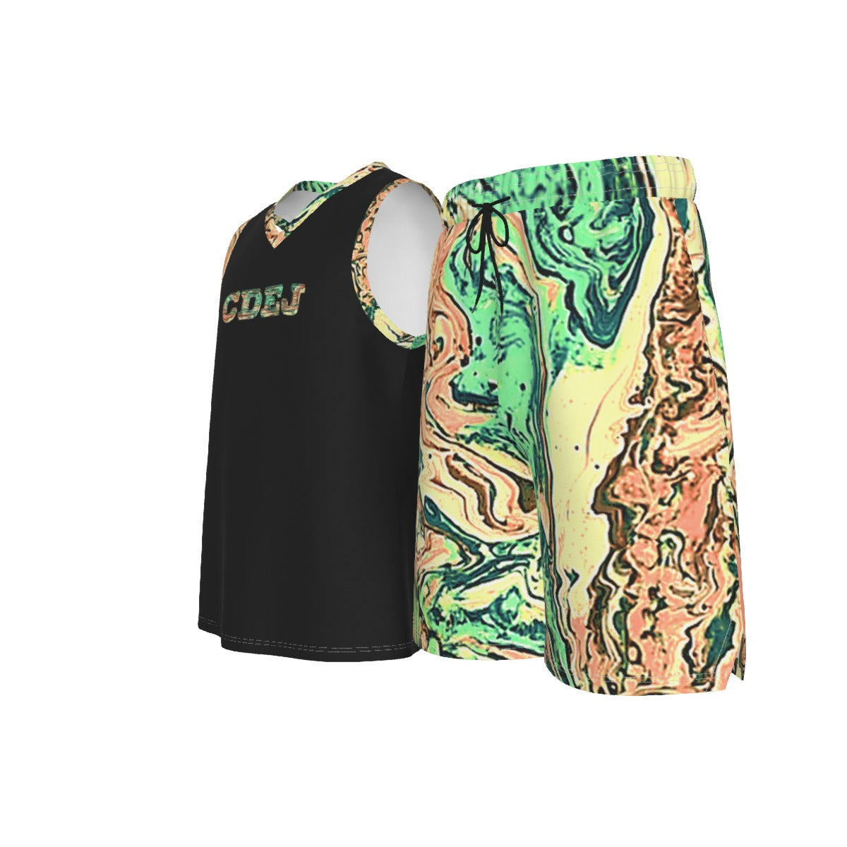 CDEJ Green Marble Men's V Neck Basketball Suit