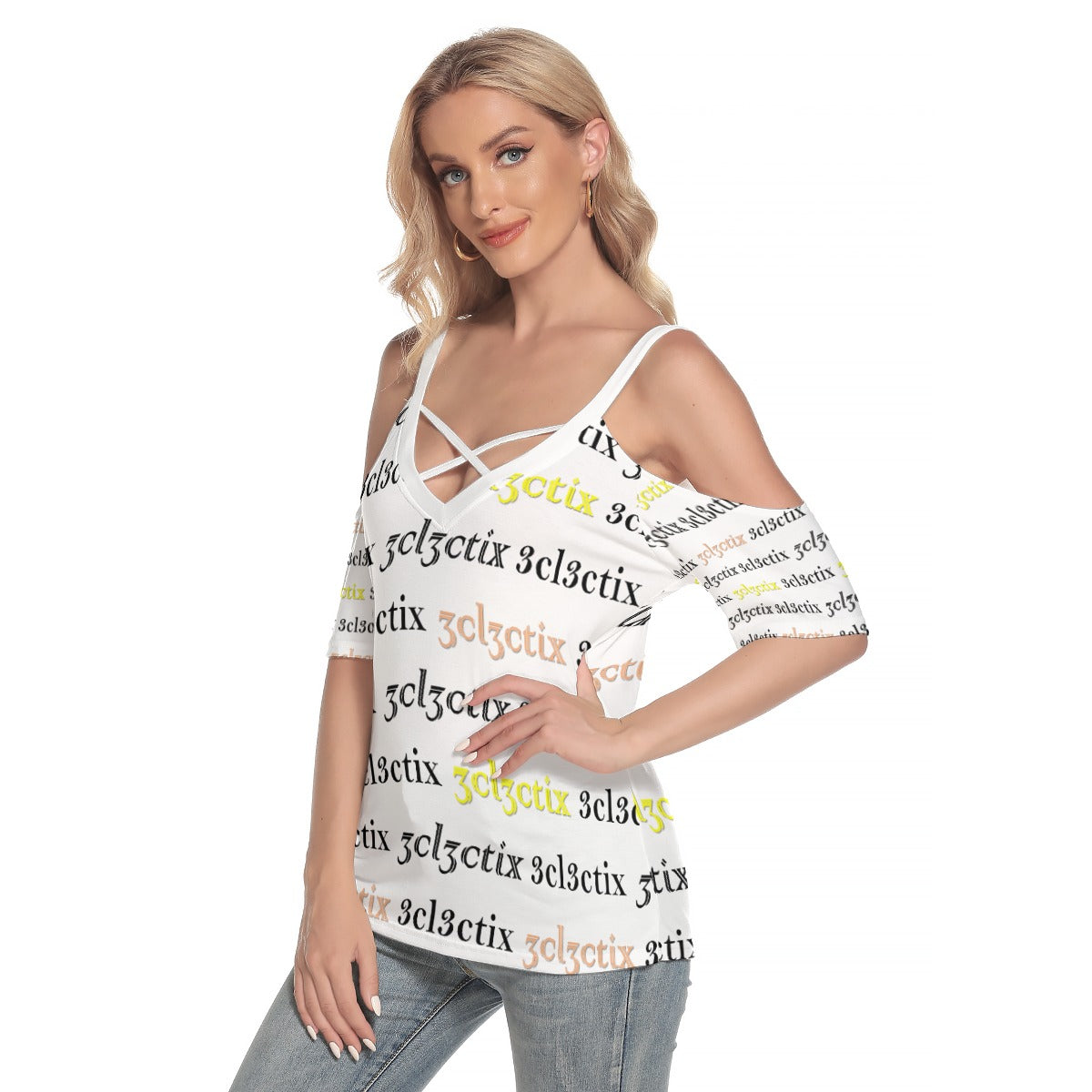 Branded Cold Shoulder T-shirt With Criss Cross Strips