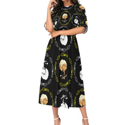 Brand Patterned Elastic Waist Dress