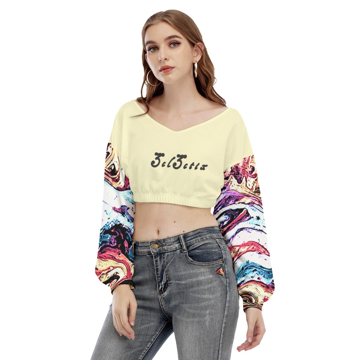 Marble V-neck Long Sleeve Cropped Sweatshirt