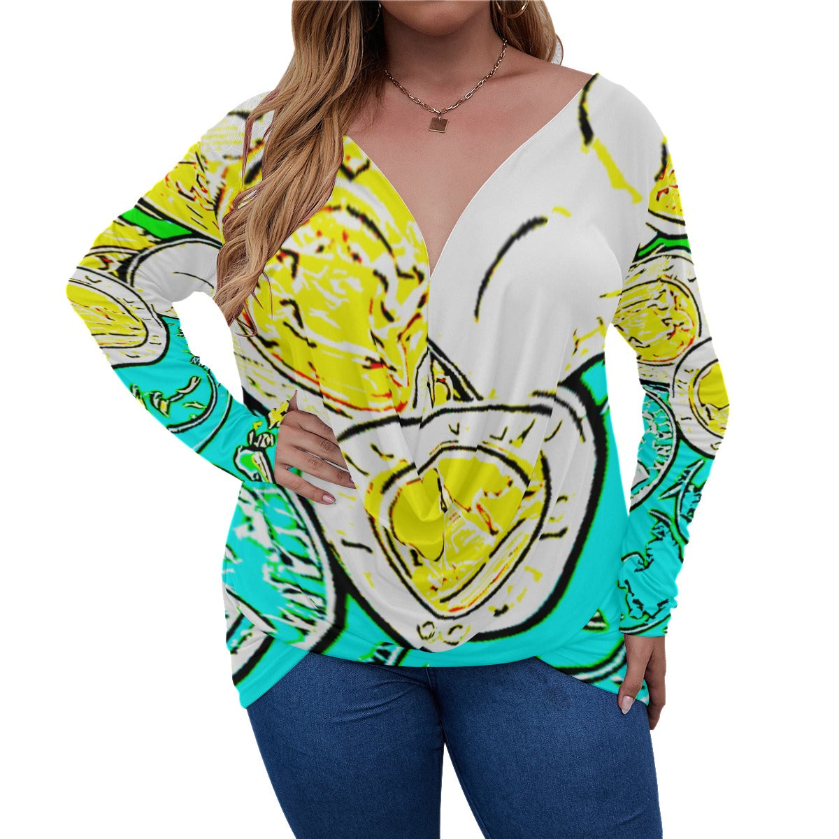 Teal Coin V-neck Plus Size Draped Longline T-shirt