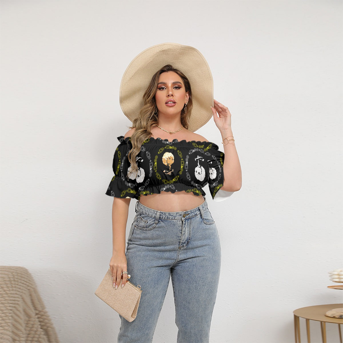 Branded Pattern Plus Size Off-shoulder Cropped Top