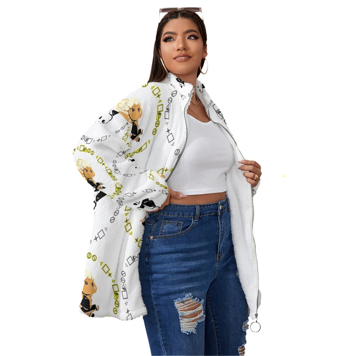 Branded Print Plus Size Women's Borg Fleece Coat