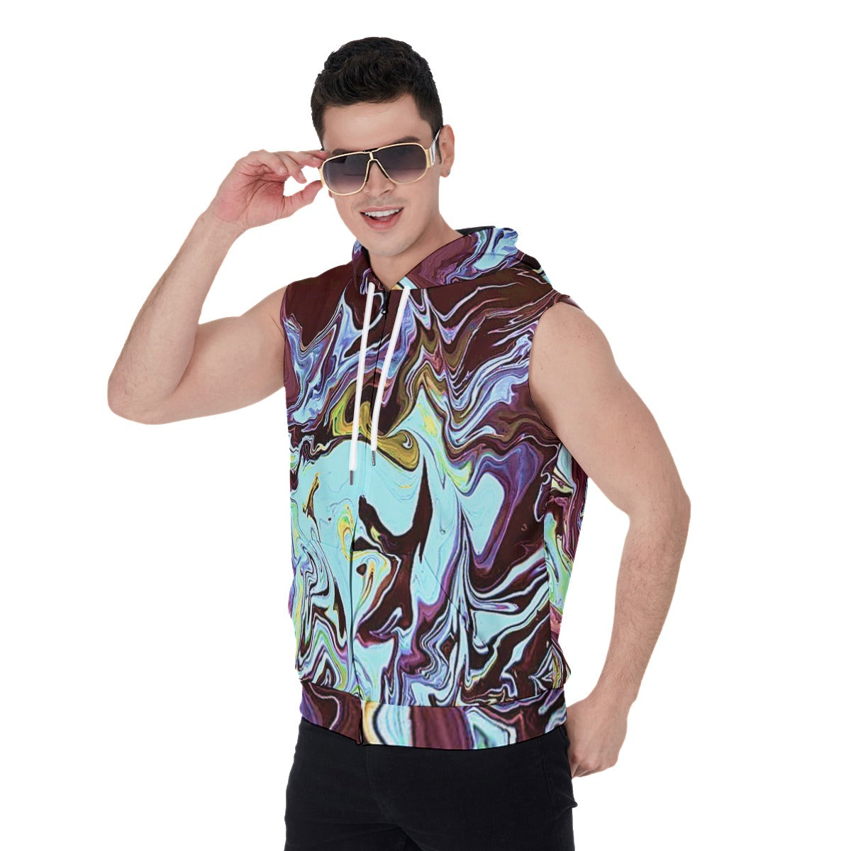 CDEJ Turquoise Marble Zipper-Up Sleeveless Hoodie