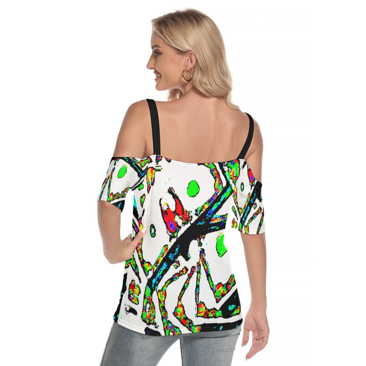 Painted Money Cold Shoulder T-shirt With Criss Cross Strips