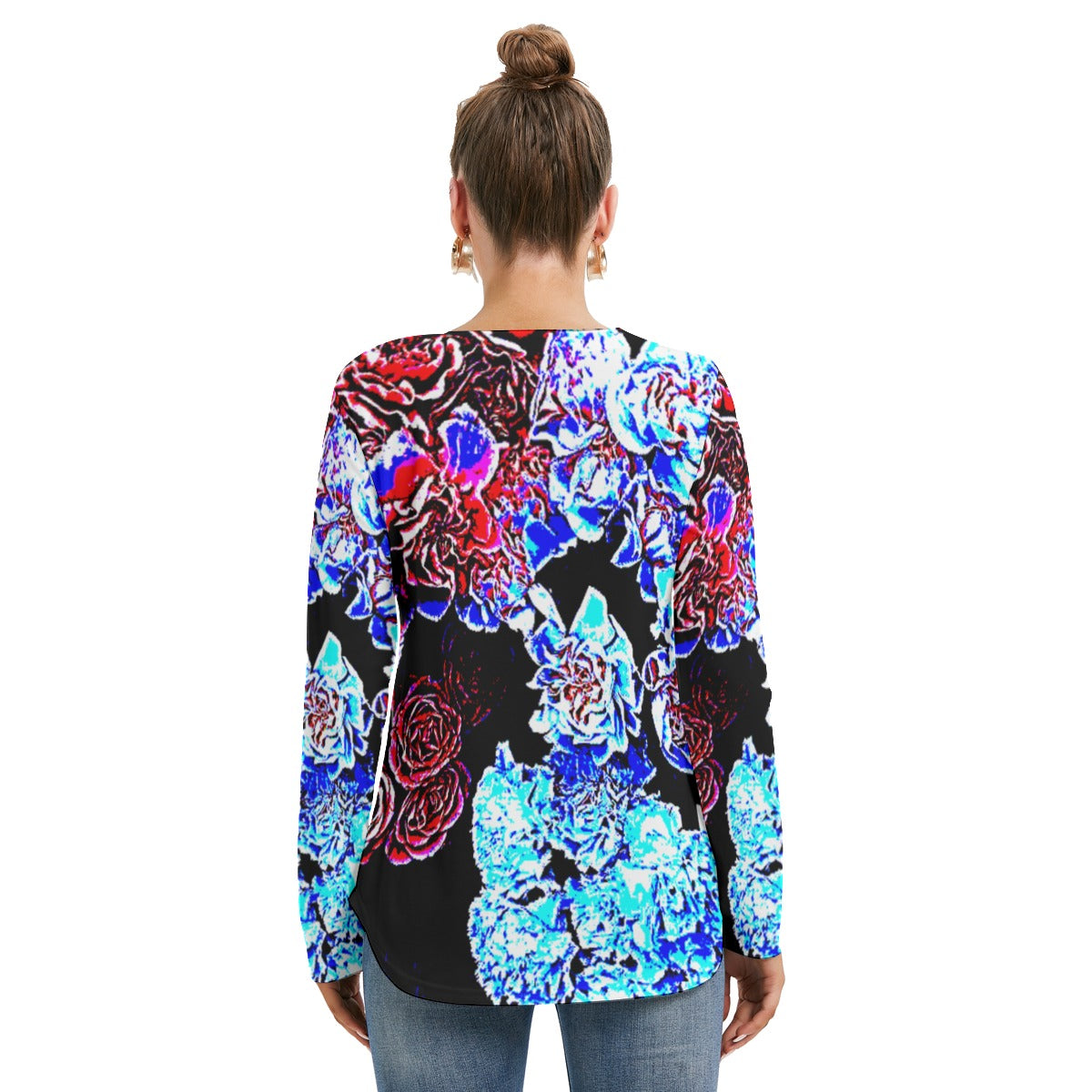 Dark Floral Long Sleeve Neckline Tie Sweatshirt