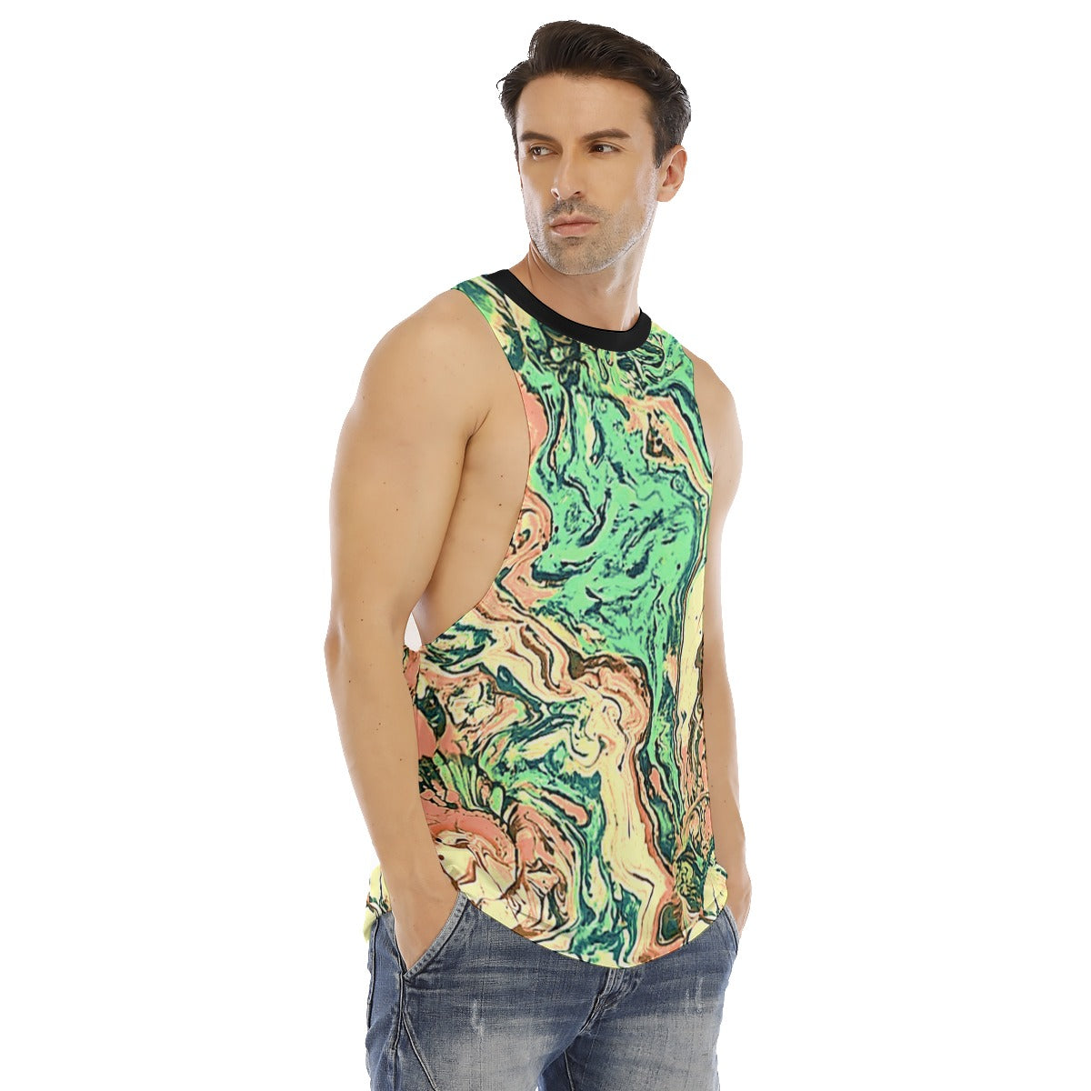 CDEJ Green Marble Men's O-neck Long Tank Top