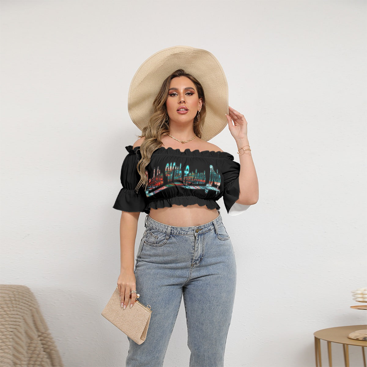 Graphic Plus Size Off-shoulder Cropped Top