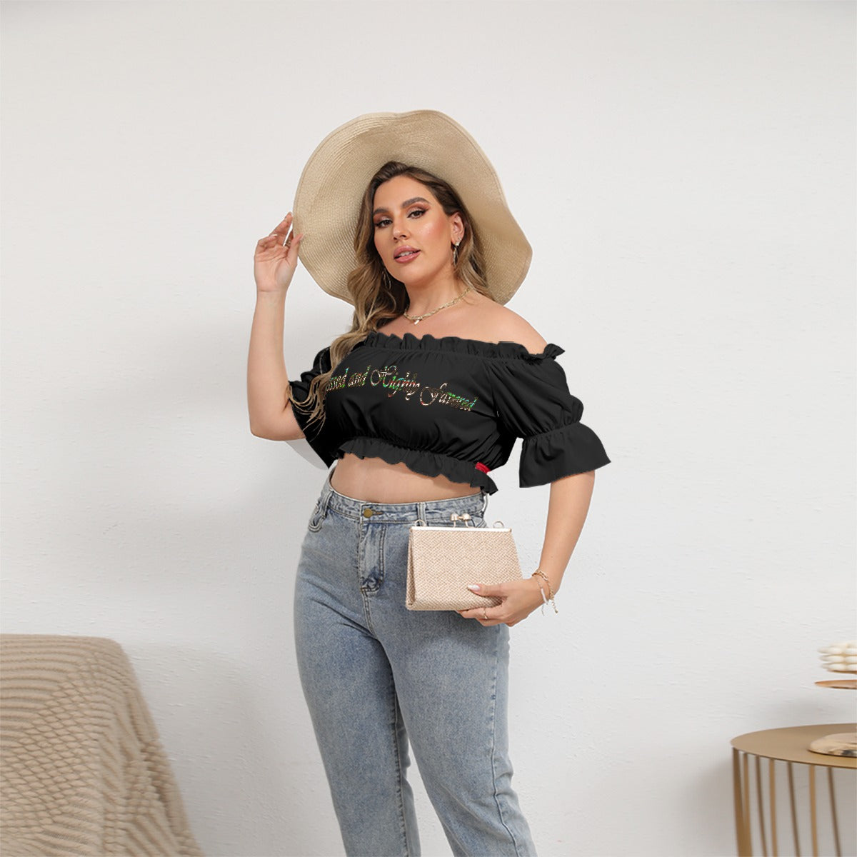 Graphic Blessed Plus Size Off-shoulder Cropped Top