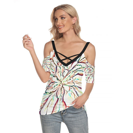 Psycho Print Cold Shoulder T-shirt With Criss Cross Strips