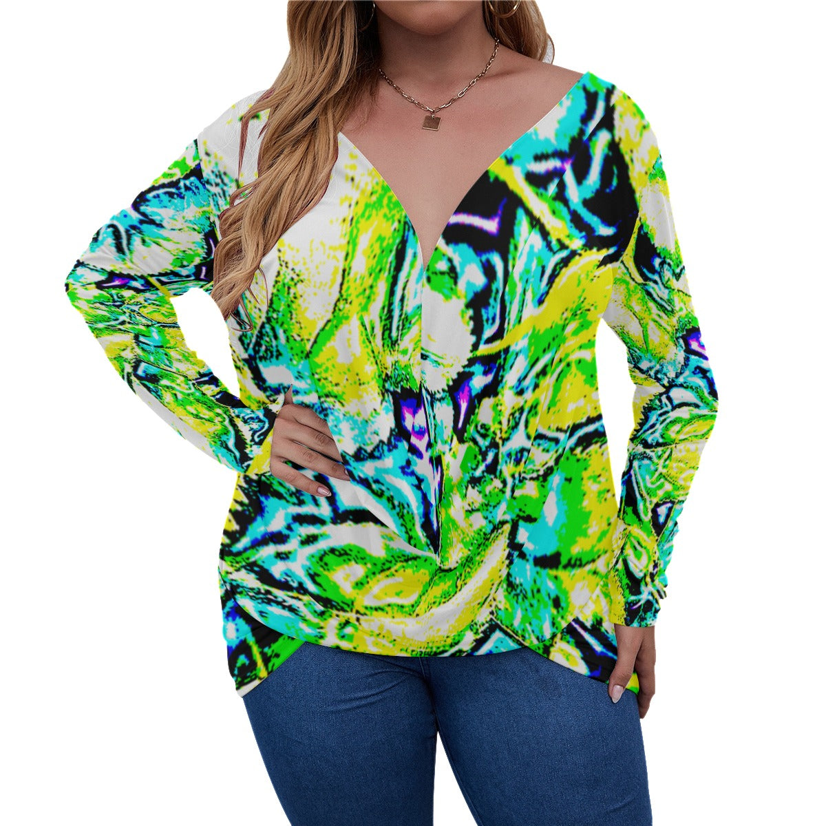 Neon V-neck Plus Size Draped Longline T-shirt