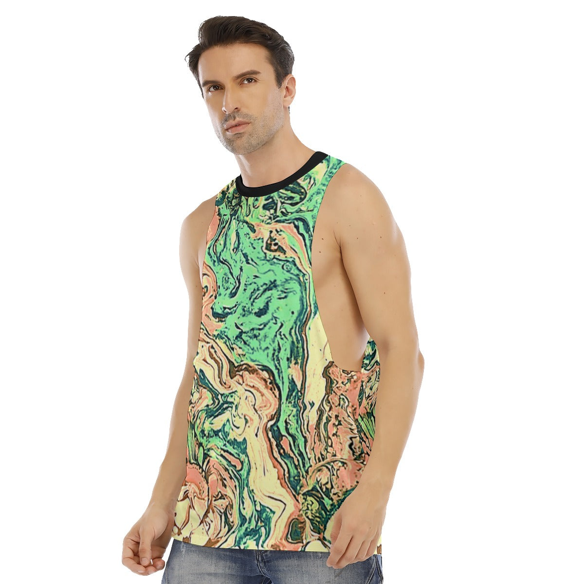 CDEJ Green Marble Men's O-neck Long Tank Top