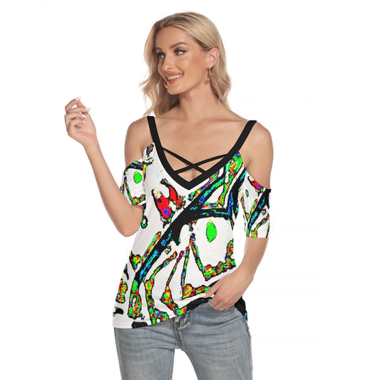 Painted Money Cold Shoulder T-shirt With Criss Cross Strips