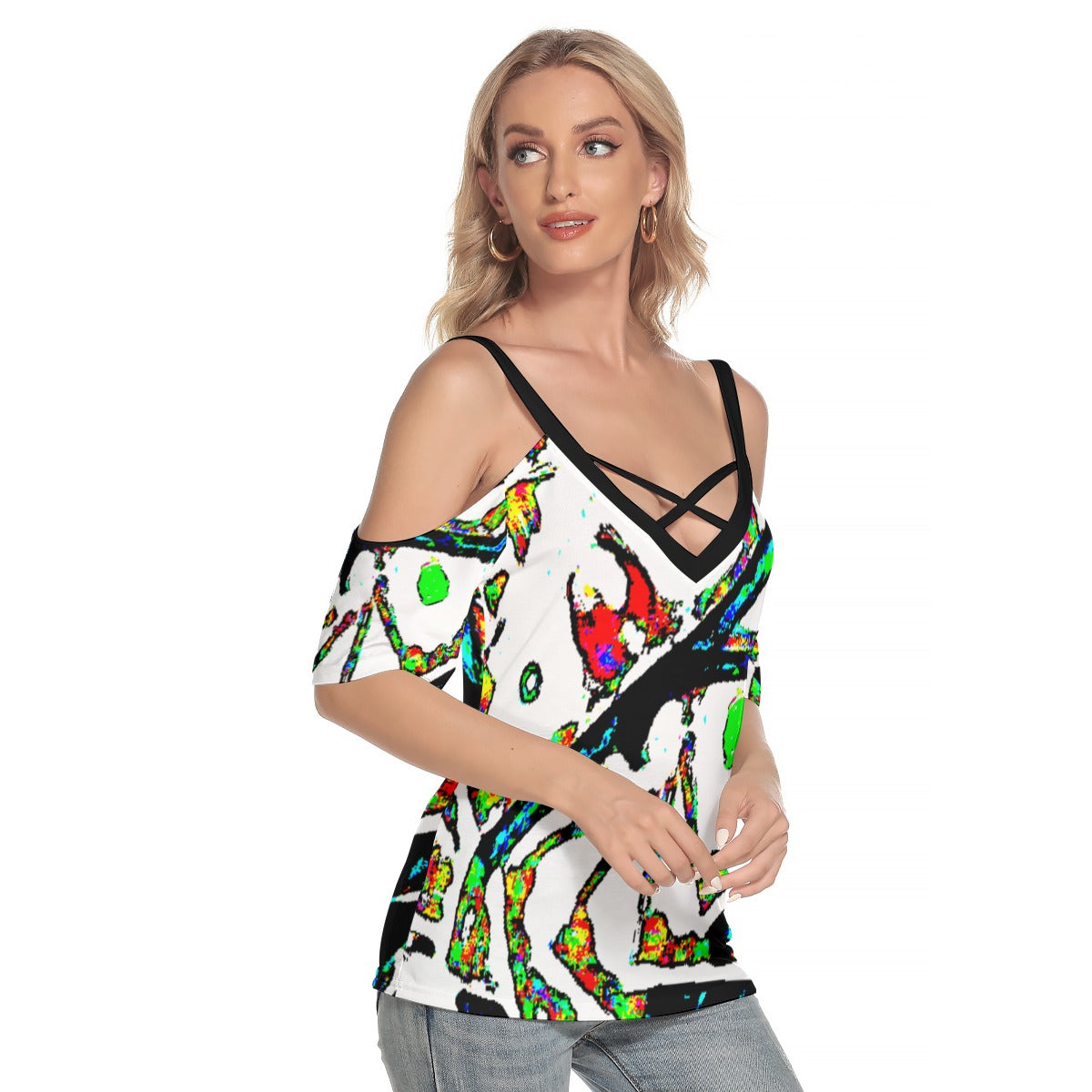 Painted Money Cold Shoulder T-shirt With Criss Cross Strips