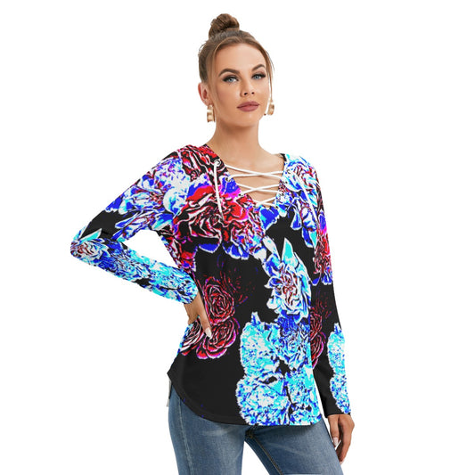 Dark Floral Long Sleeve Neckline Tie Sweatshirt