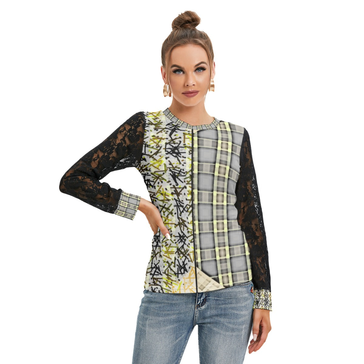 Patchwork T-shirt With Black Lace