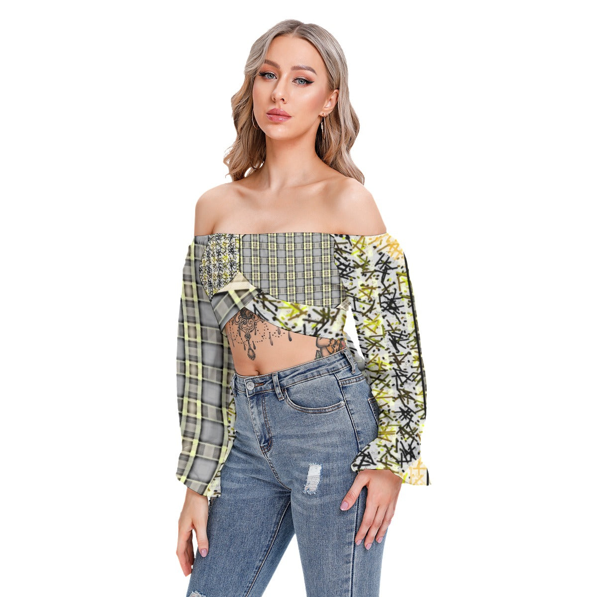 Patchwork Cropped Tube Top With Long Sleeve