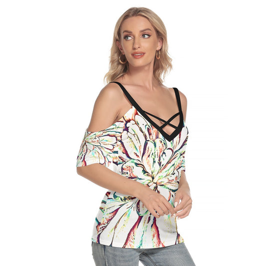 Psycho Print Cold Shoulder T-shirt With Criss Cross Strips