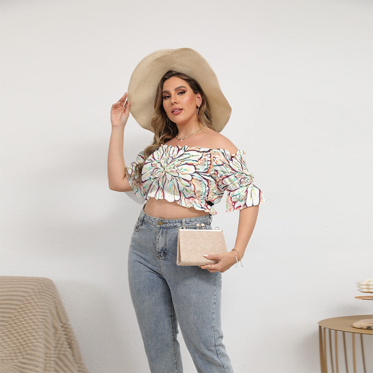 Psycho Print Plus Size Off-shoulder Cropped Top