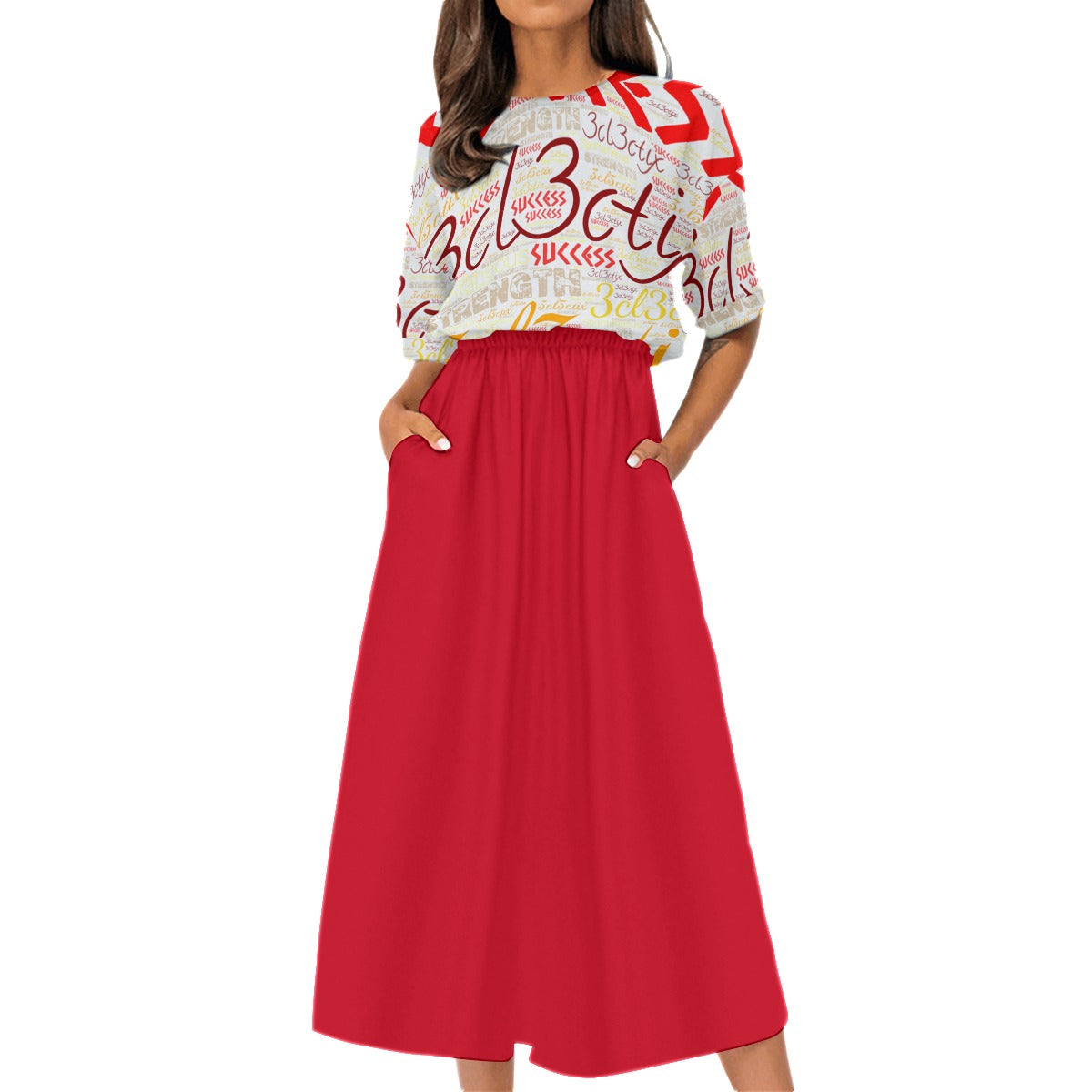 Red Branded Elastic Waist Dress