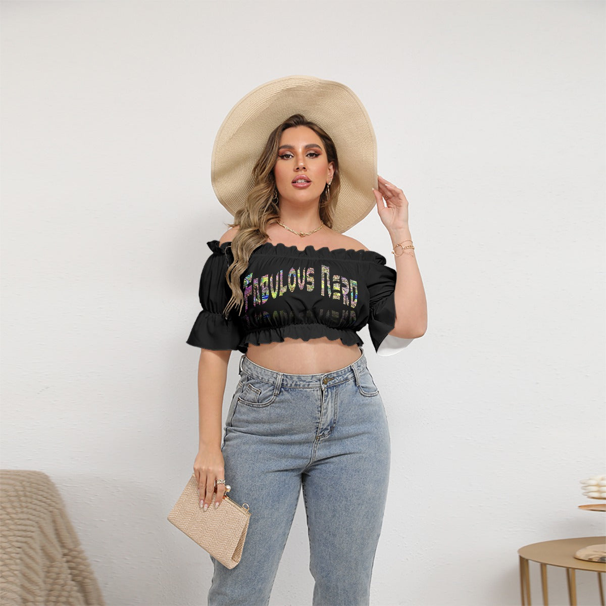 Graphic "Fabulous Nerd" Plus Size Off-shoulder Cropped Top