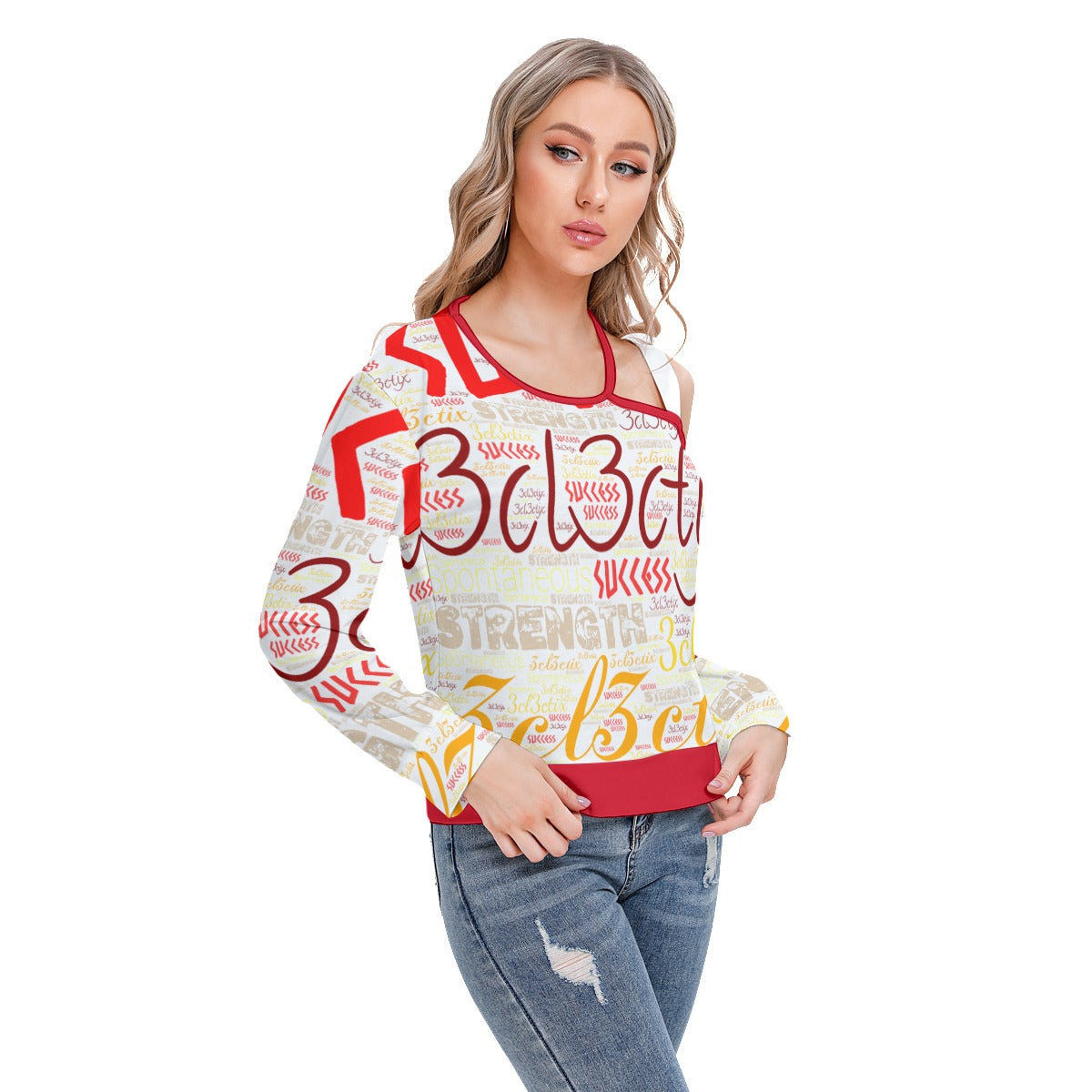 Red Branded Women's One-shoulder Cut O-neck Sweatshirt