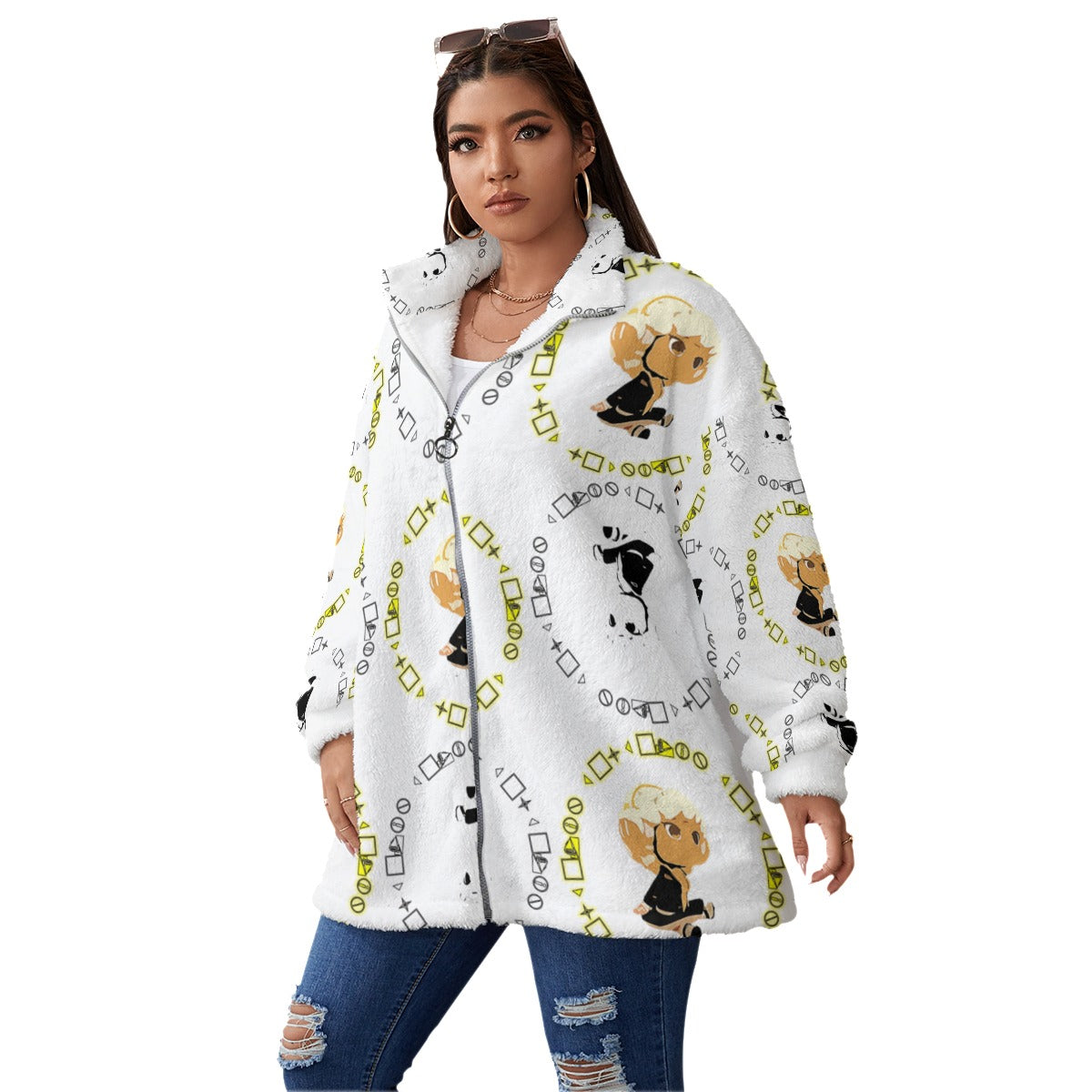 Branded Print Plus Size Women's Borg Fleece Coat