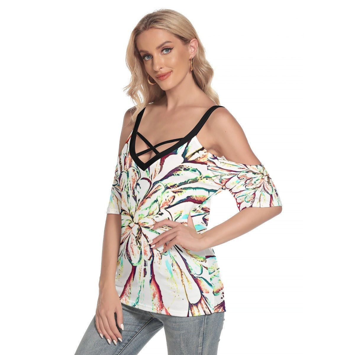 Psycho Print Cold Shoulder T-shirt With Criss Cross Strips