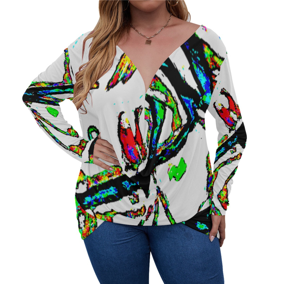 Painted Money V-neck Plus Size Draped Longline T-shirt