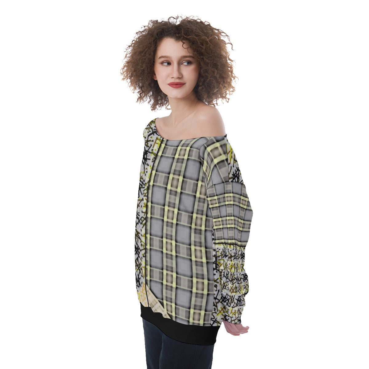 Patchwork Oversized Off-Shoulder Sweatshirt