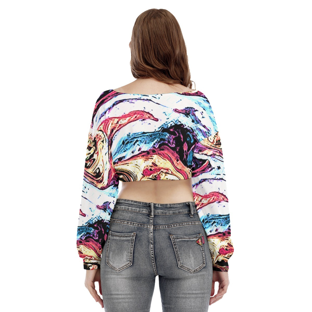 Marble V-neck Long Sleeve Cropped Sweatshirt