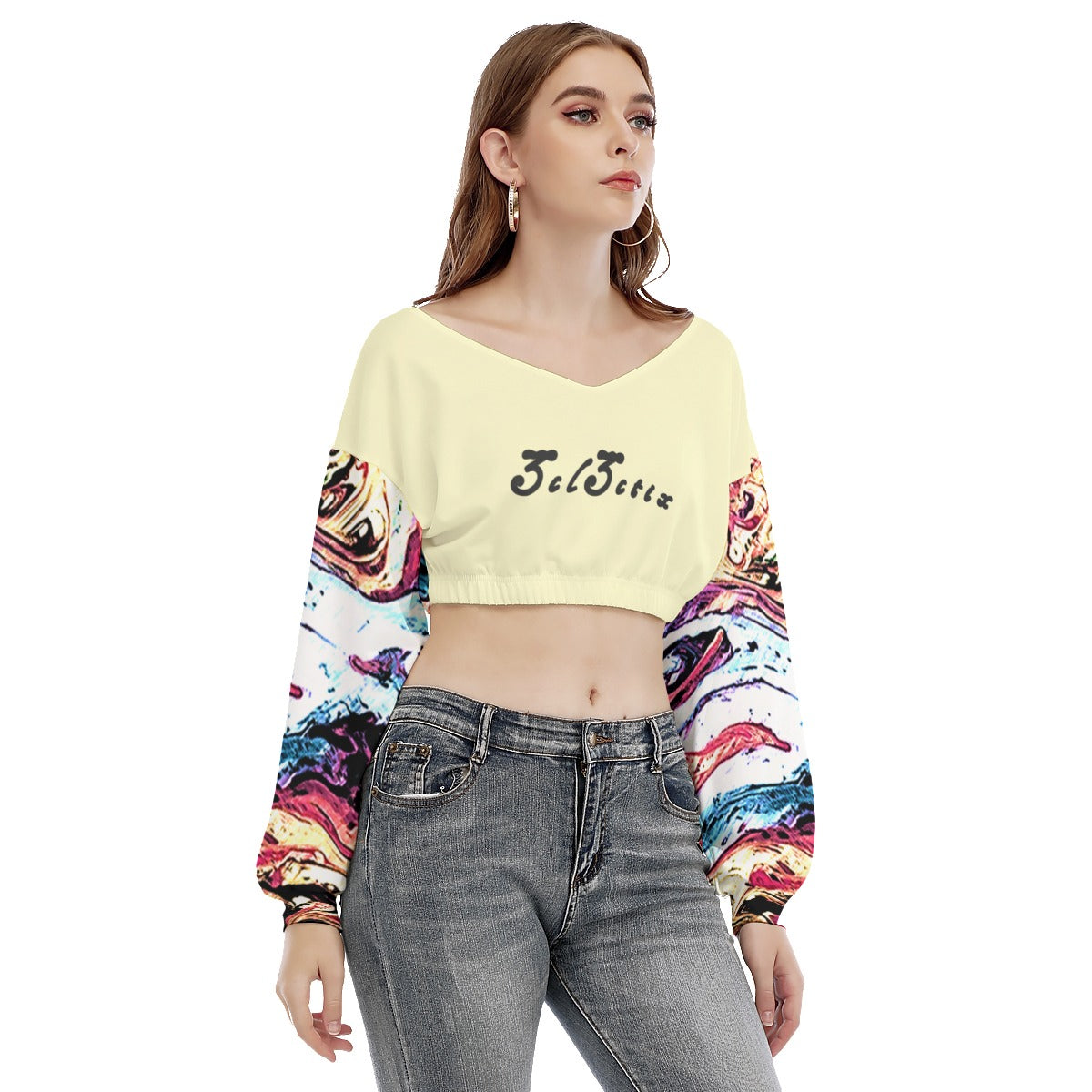 Marble V-neck Long Sleeve Cropped Sweatshirt