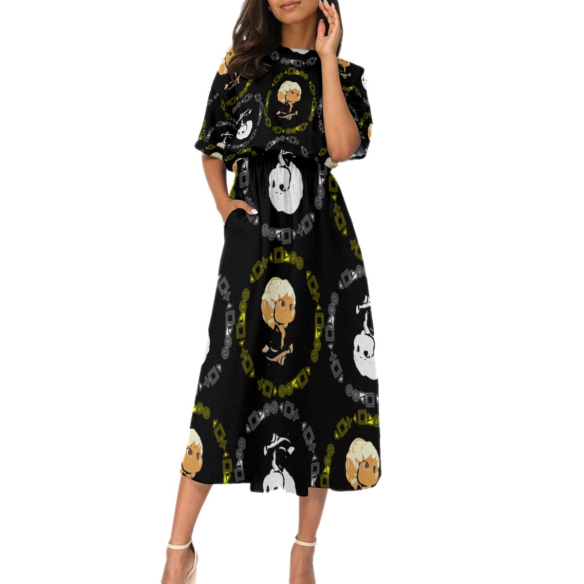 Brand Patterned Elastic Waist Dress