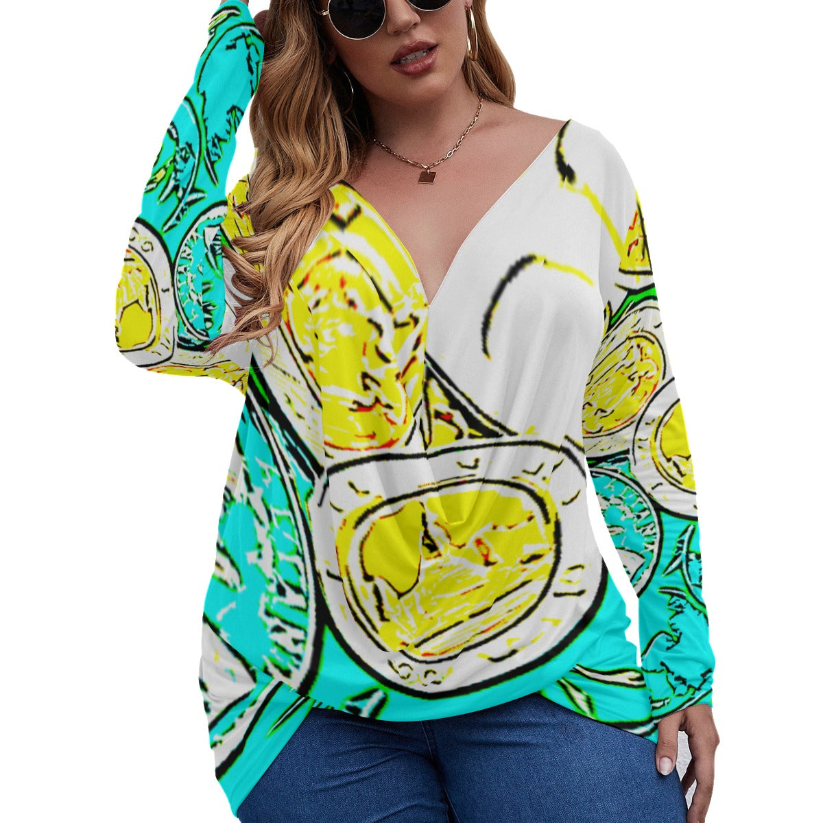 Teal Coin V-neck Plus Size Draped Longline T-shirt