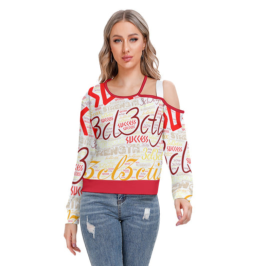 Red Branded Women's One-shoulder Cut O-neck Sweatshirt