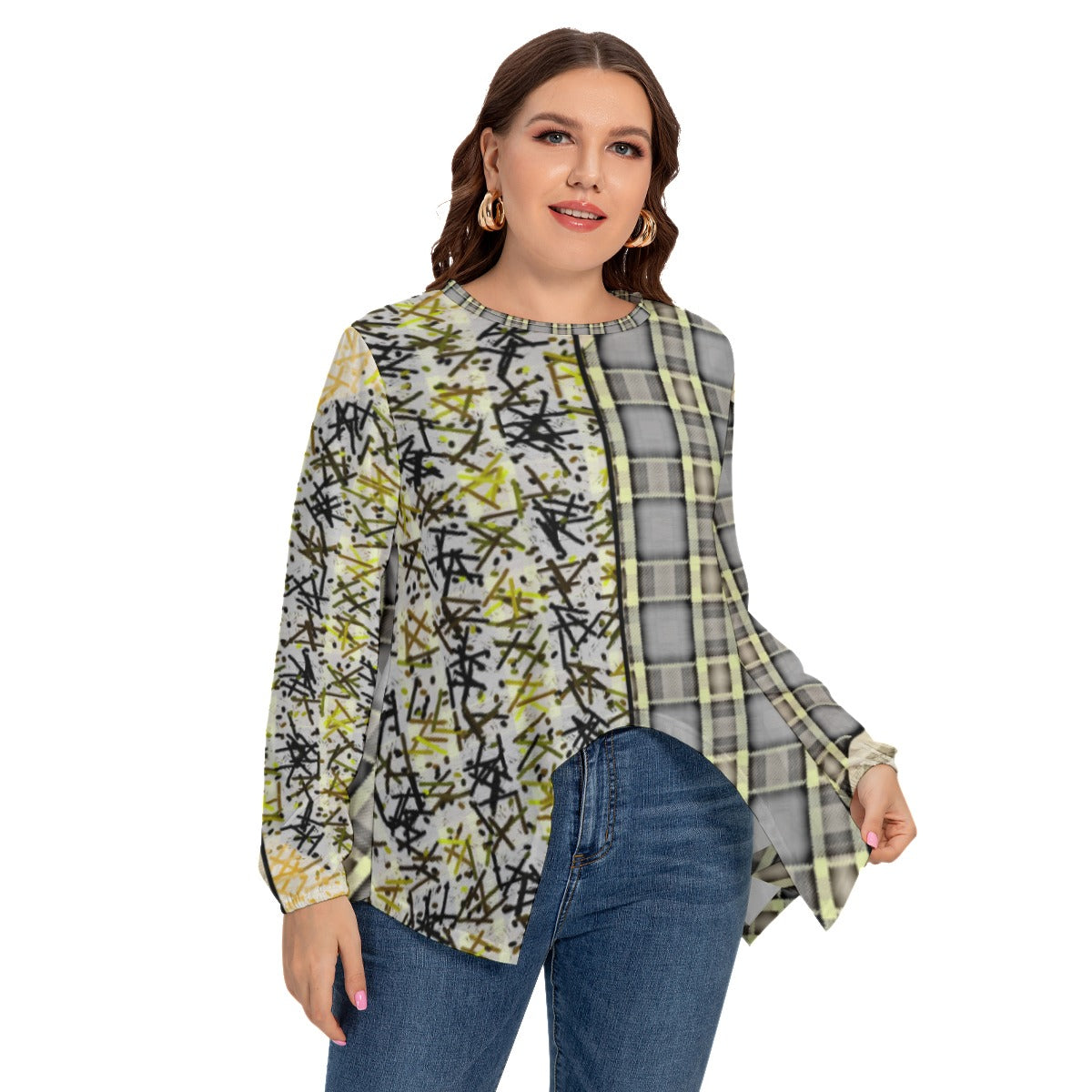 Patchwork Plus Size T-shirt With Asymmetrical Hem