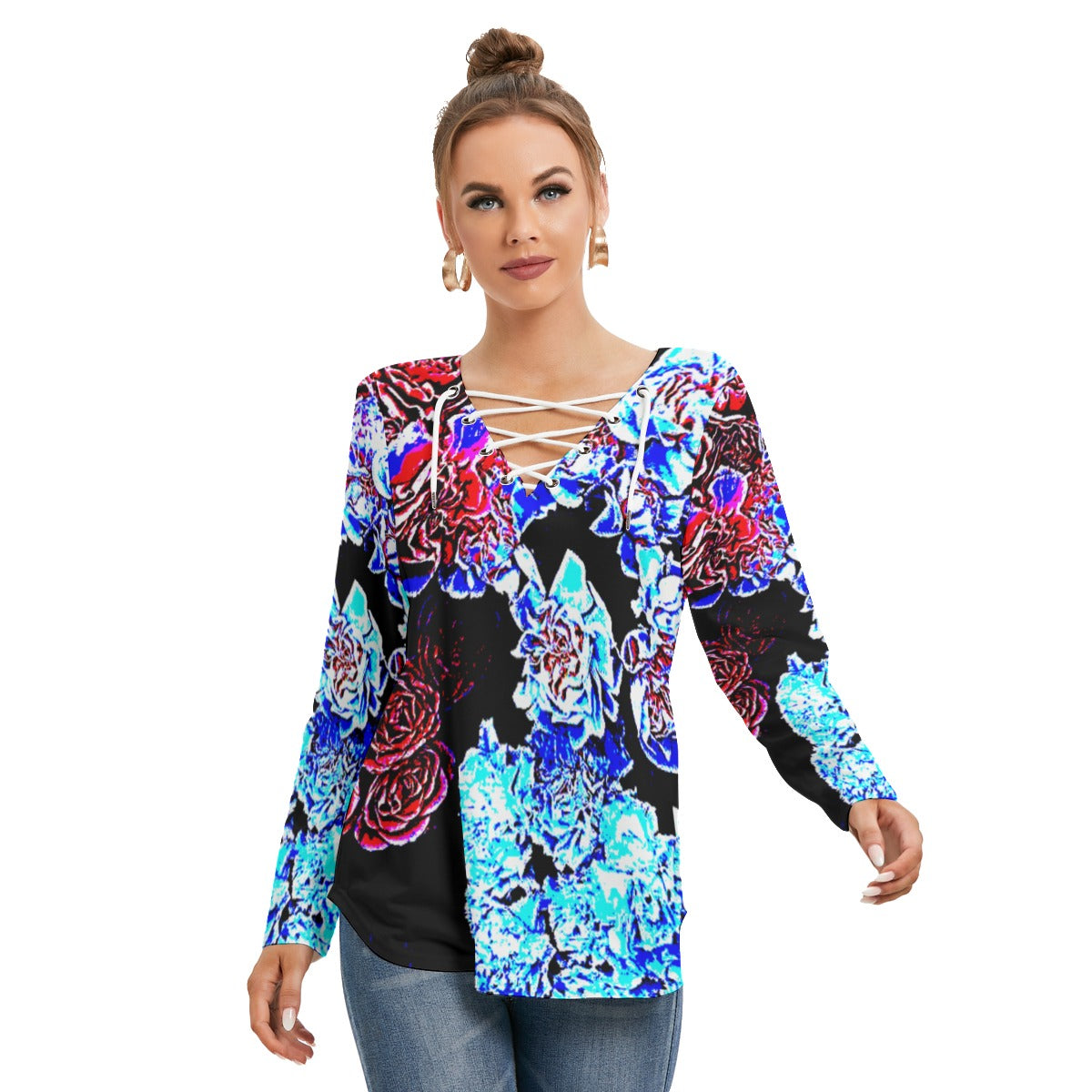 Dark Floral Long Sleeve Neckline Tie Sweatshirt