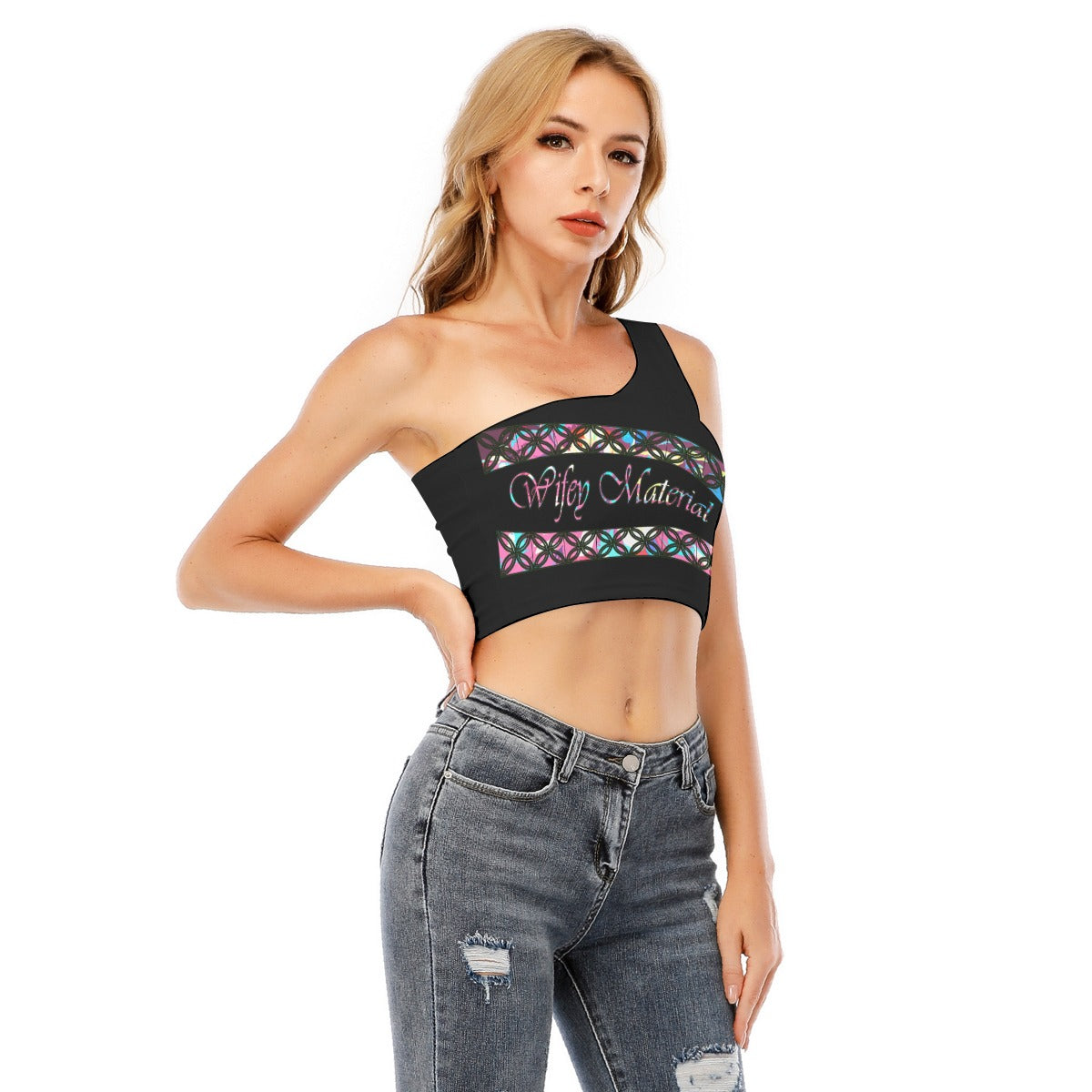 Graphic "Wifey" Women's One-Shoulder Cropped Top