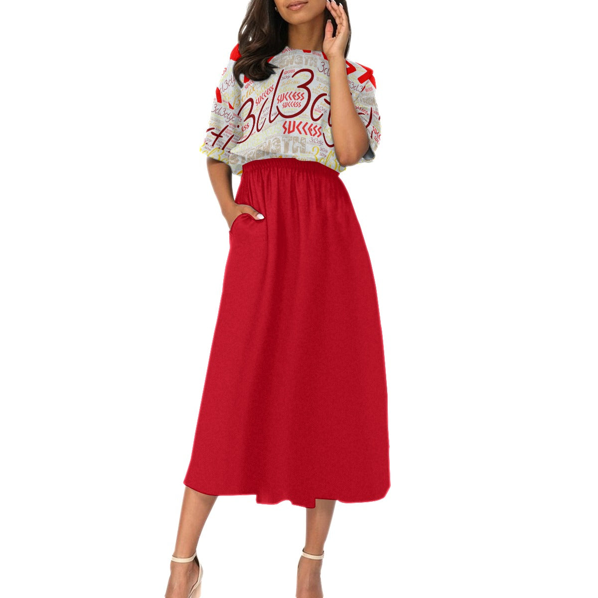 Red Branded Elastic Waist Dress