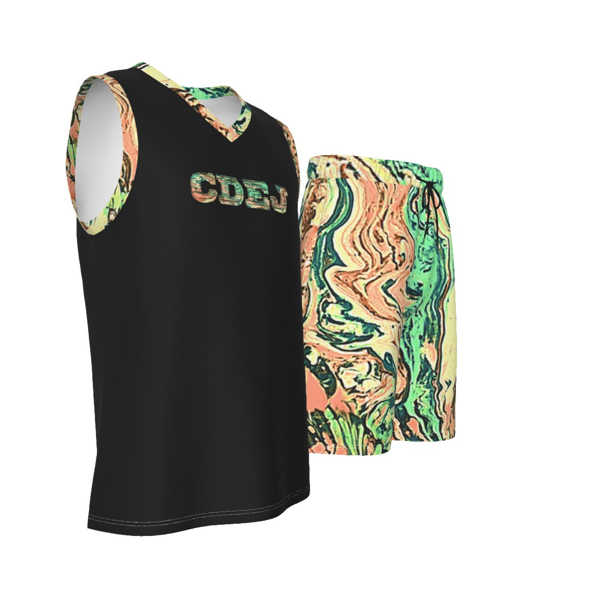 CDEJ Green Marble Men's V Neck Basketball Suit