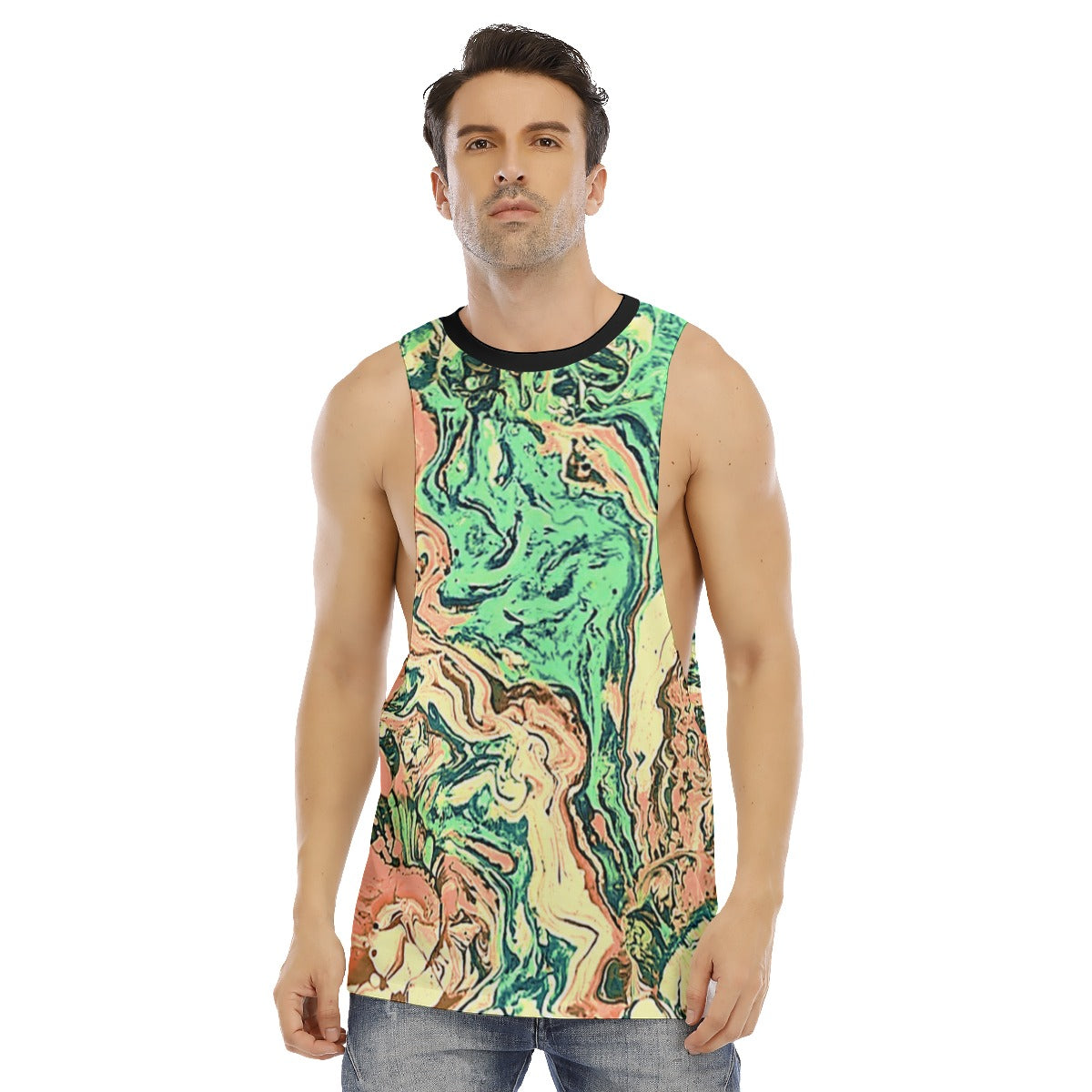 CDEJ Green Marble Men's O-neck Long Tank Top